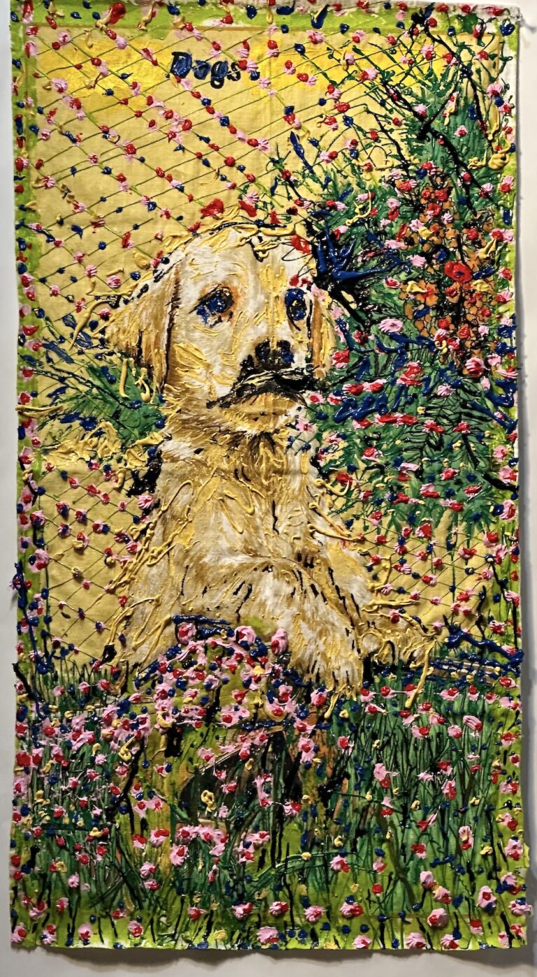 Puppy Love, 2023, acrylic on fabric, 31" x 16"